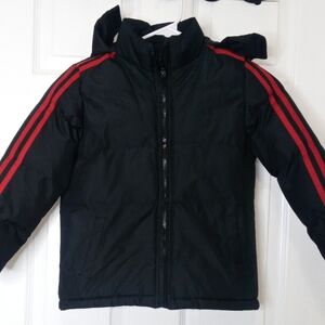 Kids Black Puffer Jacket with Red Stripes